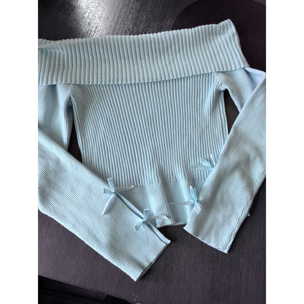No Boundaries Light Blue Ribbed Off Shoulder Bow Sweater XXL 20 Coquette Pastel